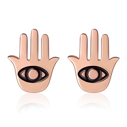 Hamsa Hand Stud Earrings Rose Gold Plated Good Luck Stainless Steel Earrings Stud Set Minimal Earring Style Amulet Christmas Presents for Women Girl Protective Jewelry