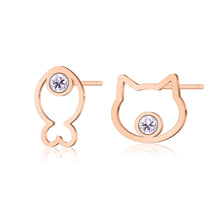 Load image into Gallery viewer, Delicate Cat and Fish Stud Earrings Fashion Dainty Cute Cubic Zirconia Ear Stud Stainless Steel Rose Gold Animal Earring Jewelry Christmas Gifts for Women