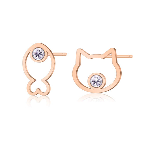 Delicate Cat and Fish Stud Earrings Fashion Dainty Cute Cubic Zirconia Ear Stud Stainless Steel Rose Gold Animal Earring Jewelry Christmas Gifts for Women