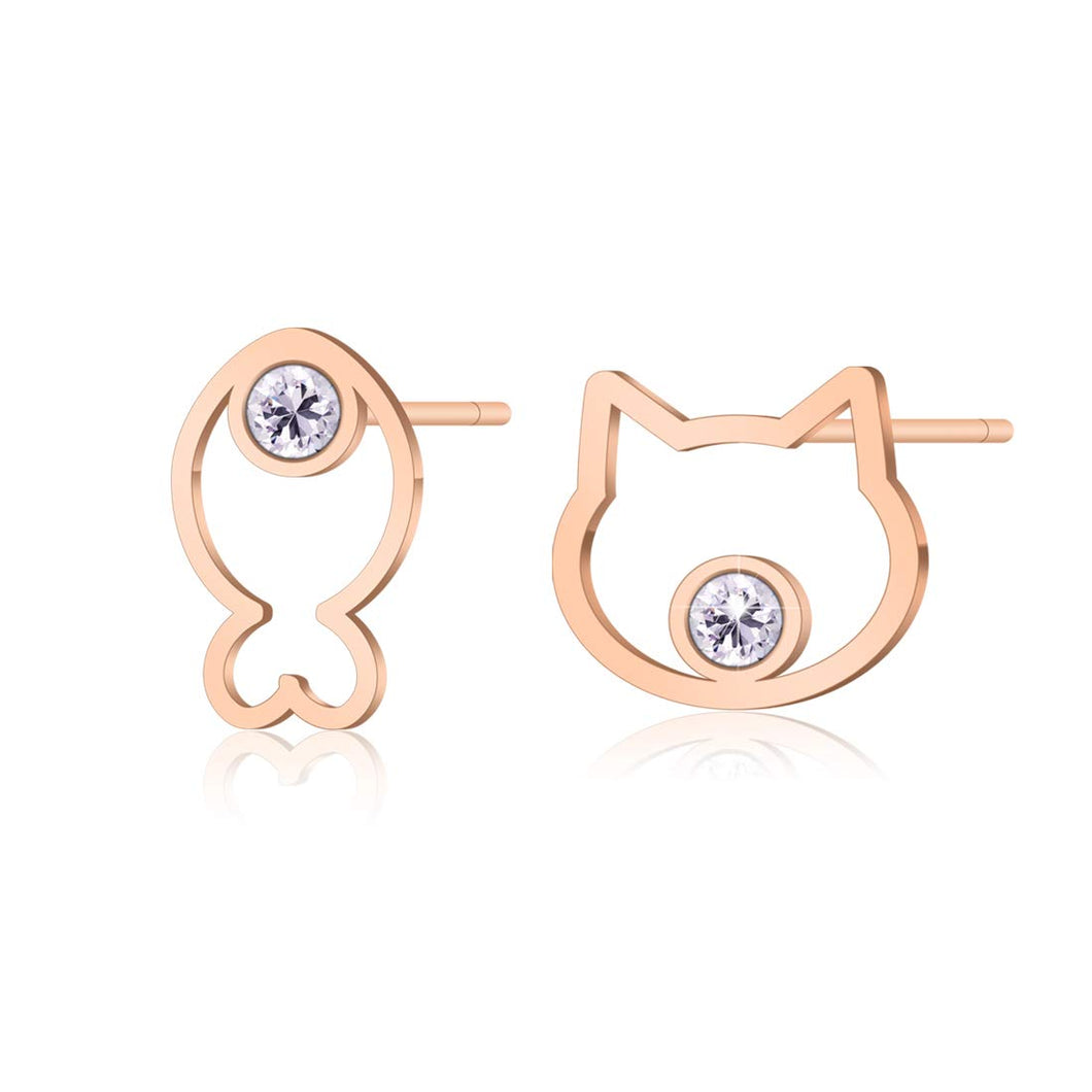 Delicate Cat and Fish Stud Earrings Fashion Dainty Cute Cubic Zirconia Ear Stud Stainless Steel Rose Gold Animal Earring Jewelry Christmas Gifts for Women