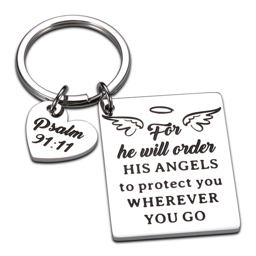 Bible Verse Keychain Religious Faith Christian Gifts for Women Men for He Will Order His Angels to Protect You Wherever You Go Faith Key Chain Thanksgiving Birthday Christmas Easter Prayer Gifts