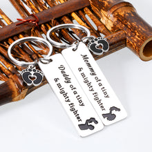 Load image into Gallery viewer, New Mom Dad Keychain Mommy/Daddy of A Tiny Mighty Fighter Keychain New Born Baby Gift Keychain for New Parents First Time Mom Dad Baby Pregnancy Announcement Gift Idea Mothers Day Fathers Day Gift from Baby Baptism