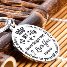 Load image into Gallery viewer, Son Keychain Christmas I Love You Gifts from Step Mom Dad Inspirational Graduation Sweet 16 18 Birthday Stocking Stuffers Back to School Gift for to My Foster Son Stepson Boys Kids Teen Keyring