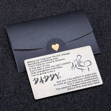 Load image into Gallery viewer, Inspirational Engraved Wallet Inserts to My Son Christmas Gifts with Motivational Quote Men Wallet Insert Cards for Birthday Graduation Gifts Before Too Long Your Life Will Change Wallet Card