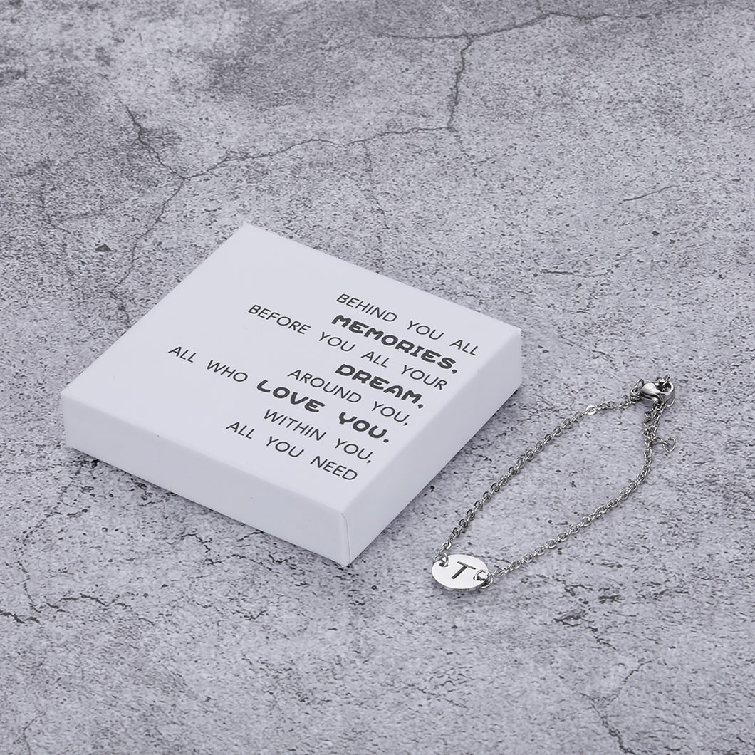 BEHIND YOU ALL MEMORIES，BEFORE YOU ALL YOUR DREAM,AROUND YOU, ALL WHO LOVE YOU,WITHIN YOU,ALL YOU NEED Silver Tone Initial Bracelet 316L Stainless Steel Disc Pendant Letter Alphabet