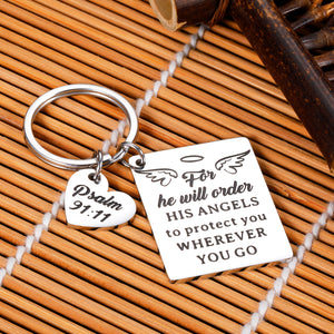 Bible Verse Keychain Religious Faith Christian Gifts for Women Men for He Will Order His Angels to Protect You Wherever You Go Faith Key Chain Thanksgiving Birthday Christmas Easter Prayer Gifts