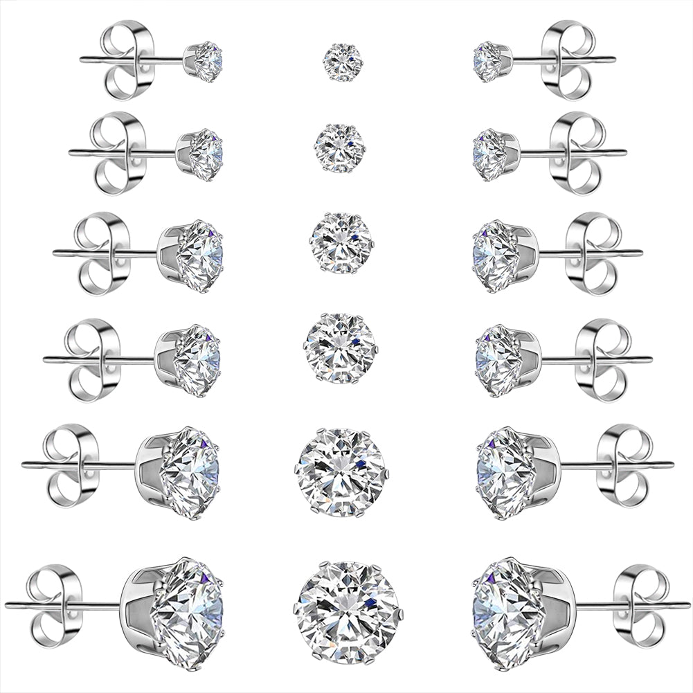 Wome’s Stainless Steel Earrings Cubic Zirconia Stud Earrings Set for Women Girls - 6 Pairs Heart & Arrows Cut  Round Clear Square Earrings Christmas Gifts Stocking Stuffers Jewelry Men