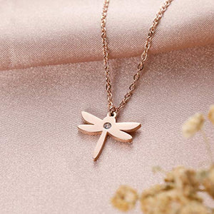 Arovene Dragonfly Necklace Cubic Zirconia Jewelry for Women Fashion Friendship Dainty Pendant Chain Minimalist Rose Stainless Steel Necklace for Girls