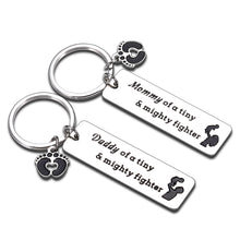 Load image into Gallery viewer, New Mom Dad Keychain Mommy/Daddy of A Tiny Mighty Fighter Keychain New Born Baby Gift Keychain for New Parents First Time Mom Dad Baby Pregnancy Announcement Gift Idea Mothers Day Fathers Day Gift from Baby Baptism