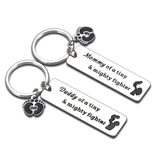 New Mom Dad Keychain Mommy/Daddy of A Tiny Mighty Fighter Keychain New Born Baby Gift Keychain for New Parents First Time Mom Dad Baby Pregnancy Announcement Gift Idea Mothers Day Fathers Day Gift from Baby Baptism