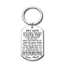 Load image into Gallery viewer, To My Son Keychain Christmas Gifs From Mom Step Mother to Son Birthday 2020 Graduation Anniversary Inspirational Keychain For Stepson Never Forget How Much I Love You