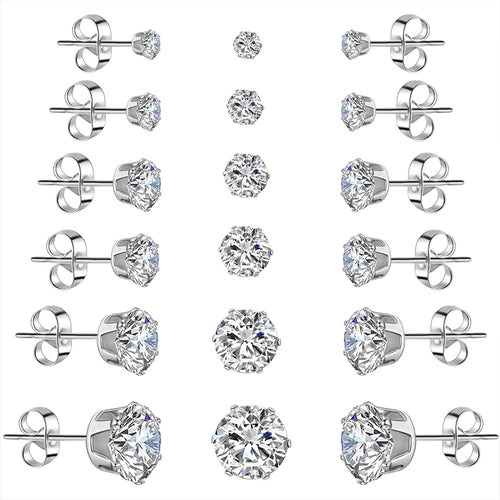 Jewelry Women's Stainless Steel Round Clear Cubic Zirconia Stud Earring (6 Pairs)