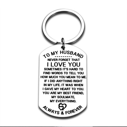 to My Husband Keychain Hubby Christmas Birthday Gift from Wife stocking stuffers for Him Man Fiance Bridegroom Valentines Day Wedding Anniversary I Love You to My Men Love Key Ring